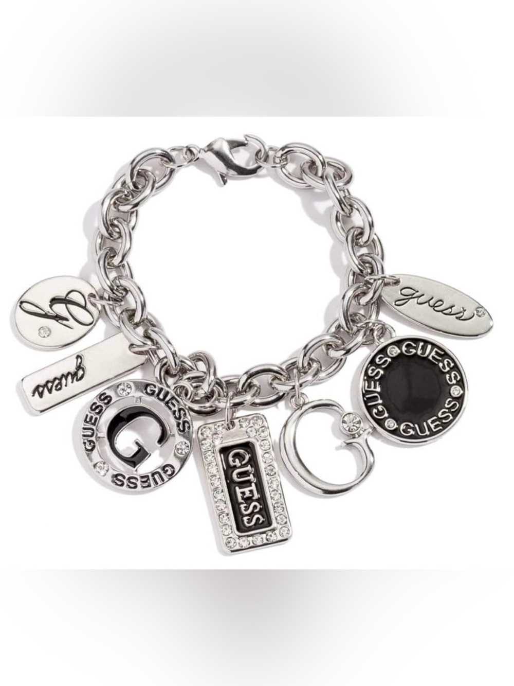 NWT GUESS Signed Y2K Silver Tone Logo Charm Bracelet- Black Enamel & Rhinestones